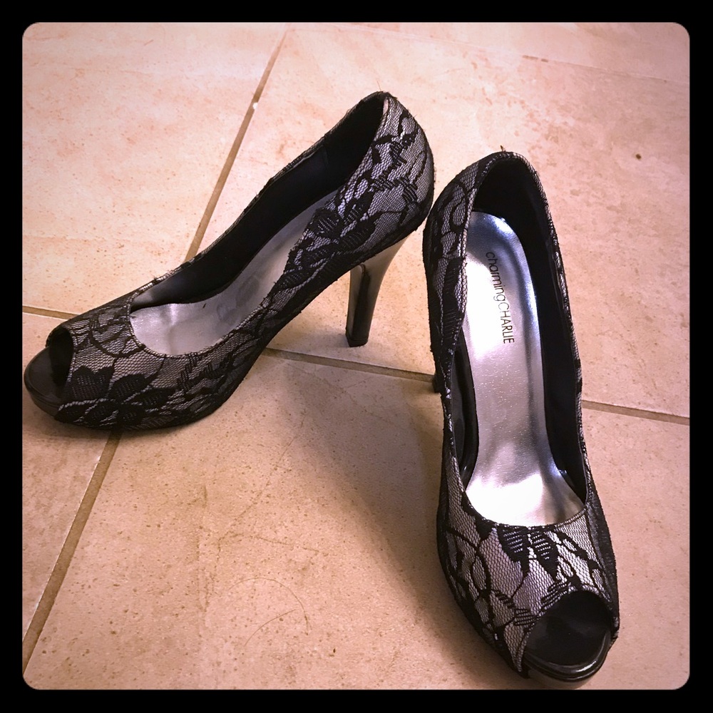 Black and white peep toe heels
